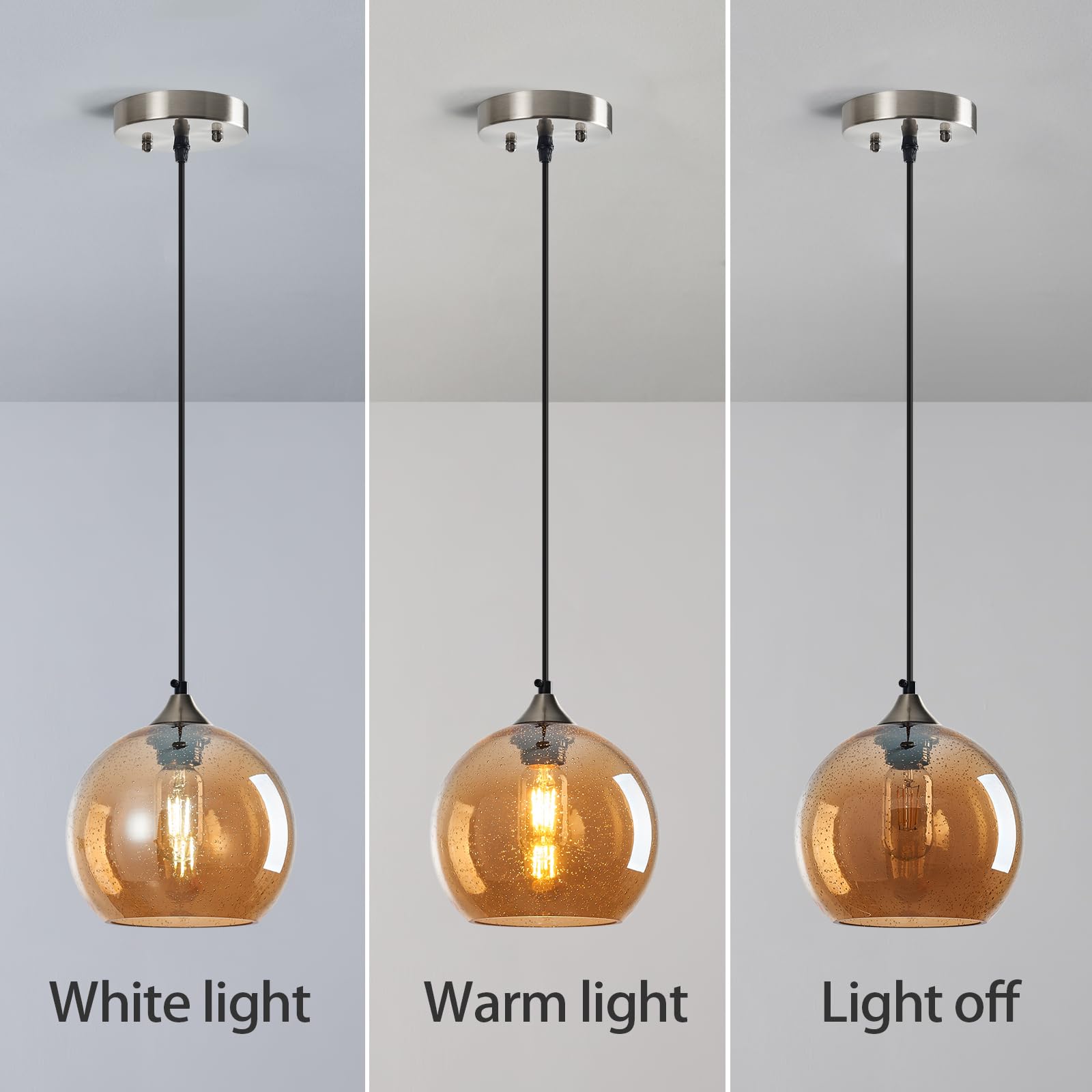 LBSQJ Amber Glass Pendant Lights - Modern Globe Lighting for Kitchen Island, Bedroom, Dining Room - 7.87in, 3 Pack, Model LBSQJ-460