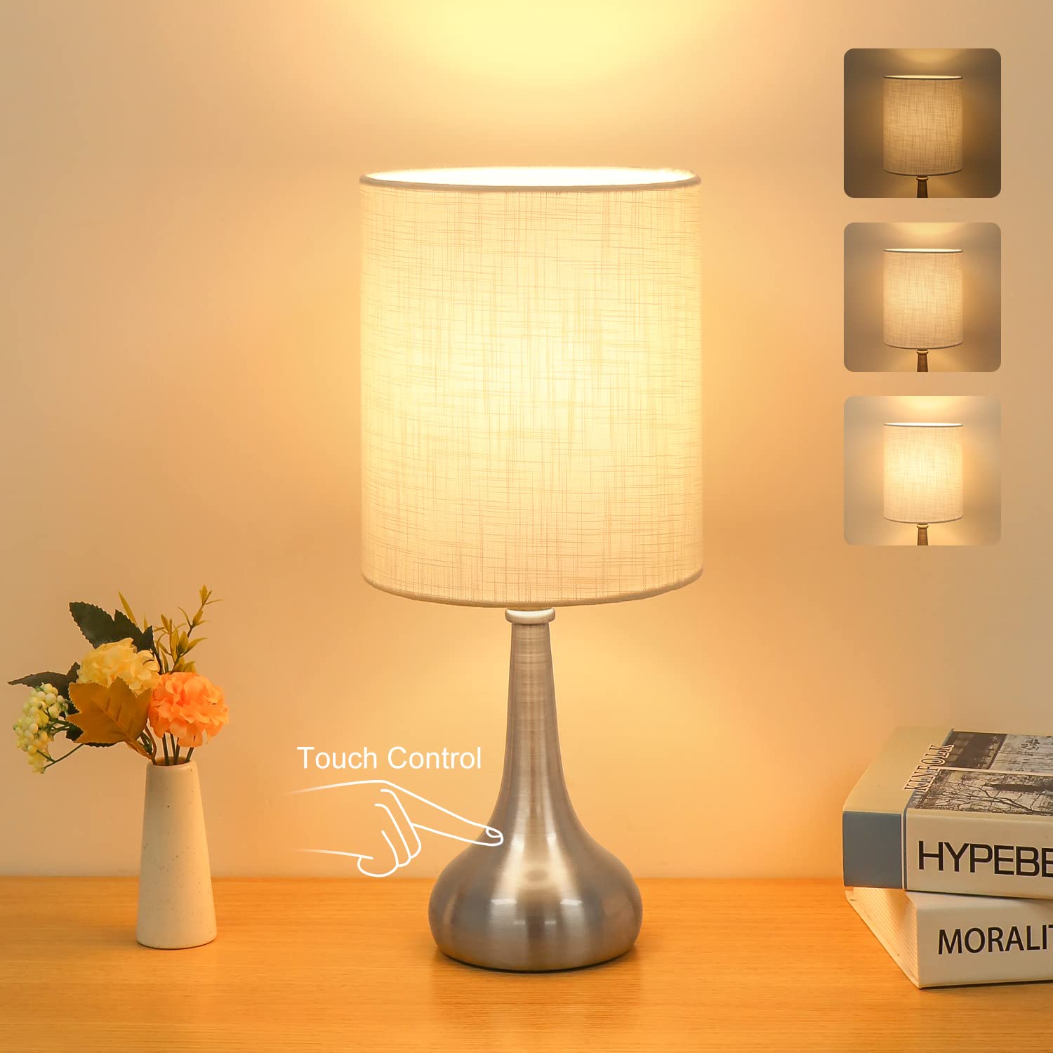 Boncoo Touch Control Table Lamp, 3 Way Dimmable, Silver Metal Base, Small Bedside Lamp, A19 9W 3000K Bulb Included