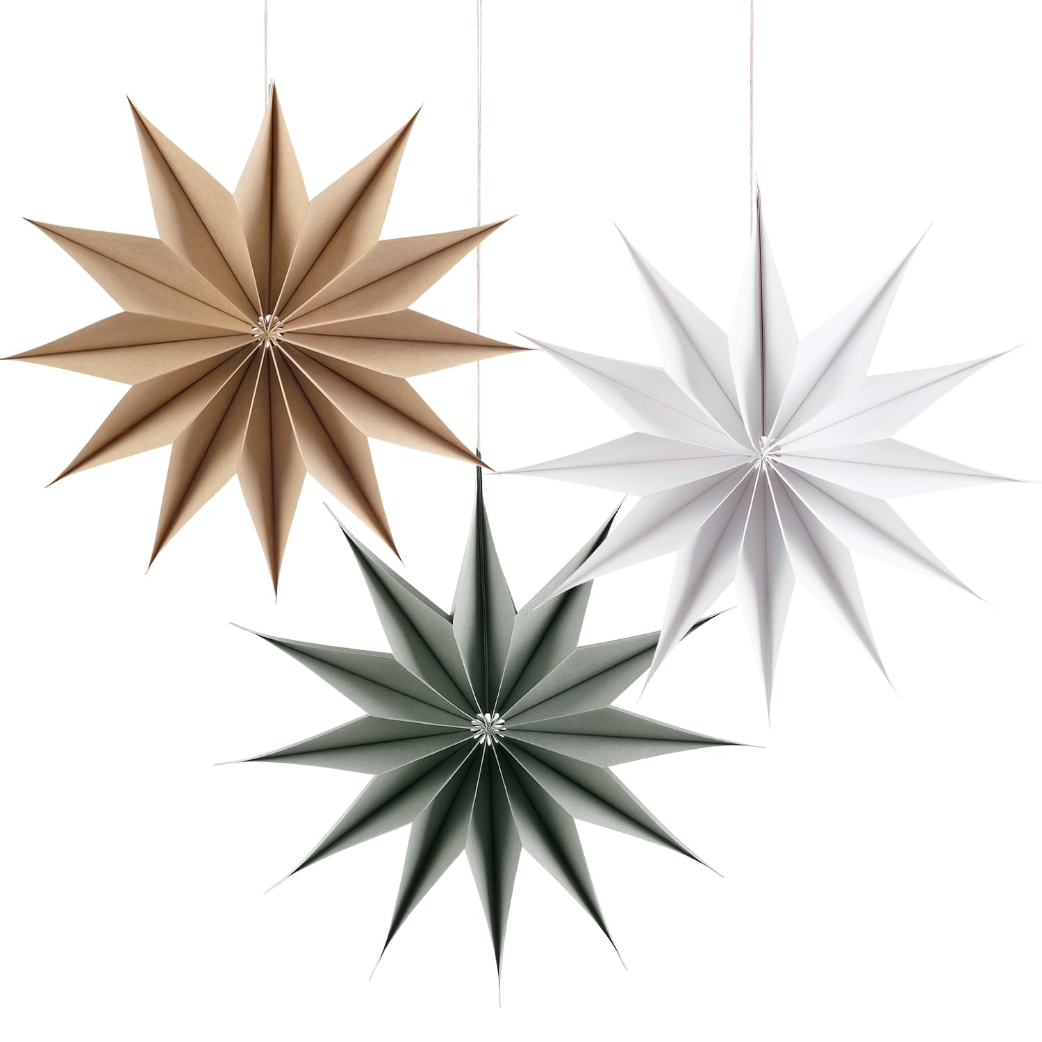 SUNBEAUTY 3 Pcs 12-Pointed Paper Star Brown Grey White Lanterns 12 Inch Christmas Hanging Lamp Shade Wedding Birthday Christmas 