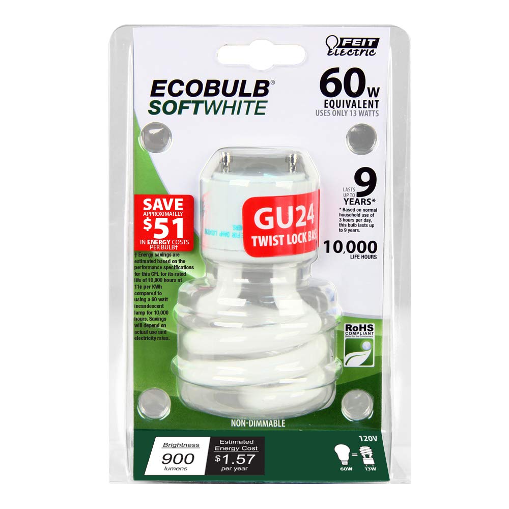 Feit Electric CFL Twist Light Bulb 60W Equivalent, Non-Dimmable, 900 Lumens, 2700K Soft White, 12 Pack, GU24 Base