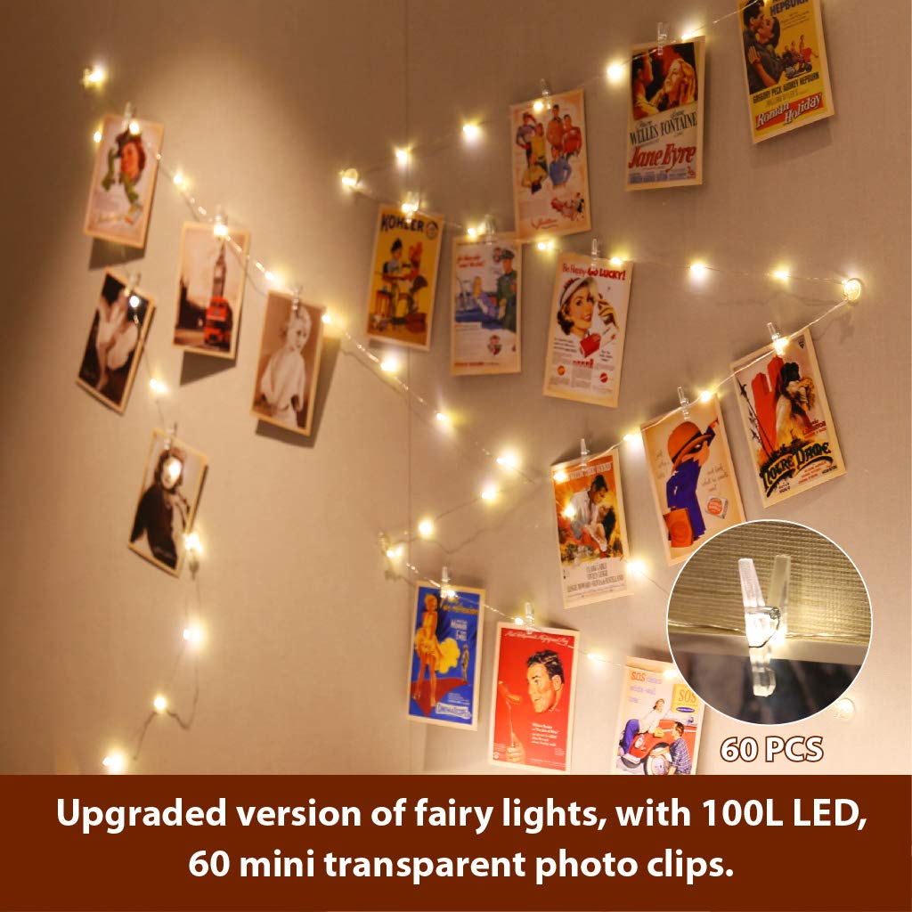 HXWEIYE Photo Clips String Light, 33Ft 100LEDs, Warm White, Timer & 8 Modes, Model HY100150-120, Battery Powered with 52 Clips &