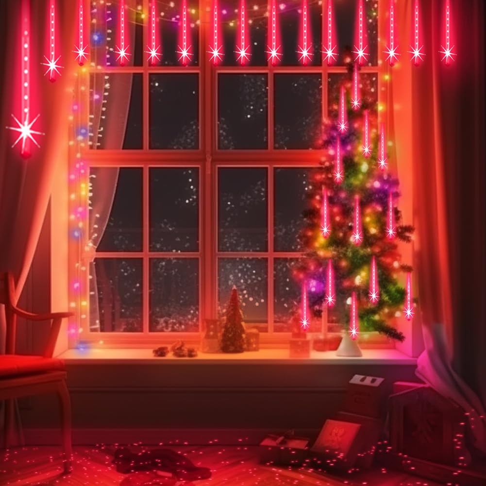 Aukora Red Led Halloween Lights Outdoor, Christmas Lights Outside, 8 Tube Snow Falling Rain Icicle String Light For Xmas Tree Pa