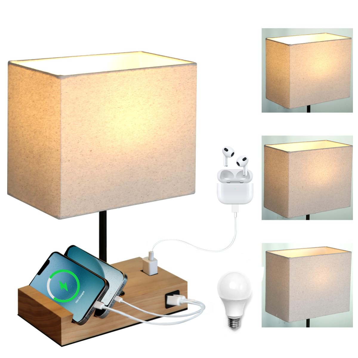 HoperBriwght Touch Nightstand Lamp with USB C Port, Charging Station, Wood, Model TNL, Bulb Included