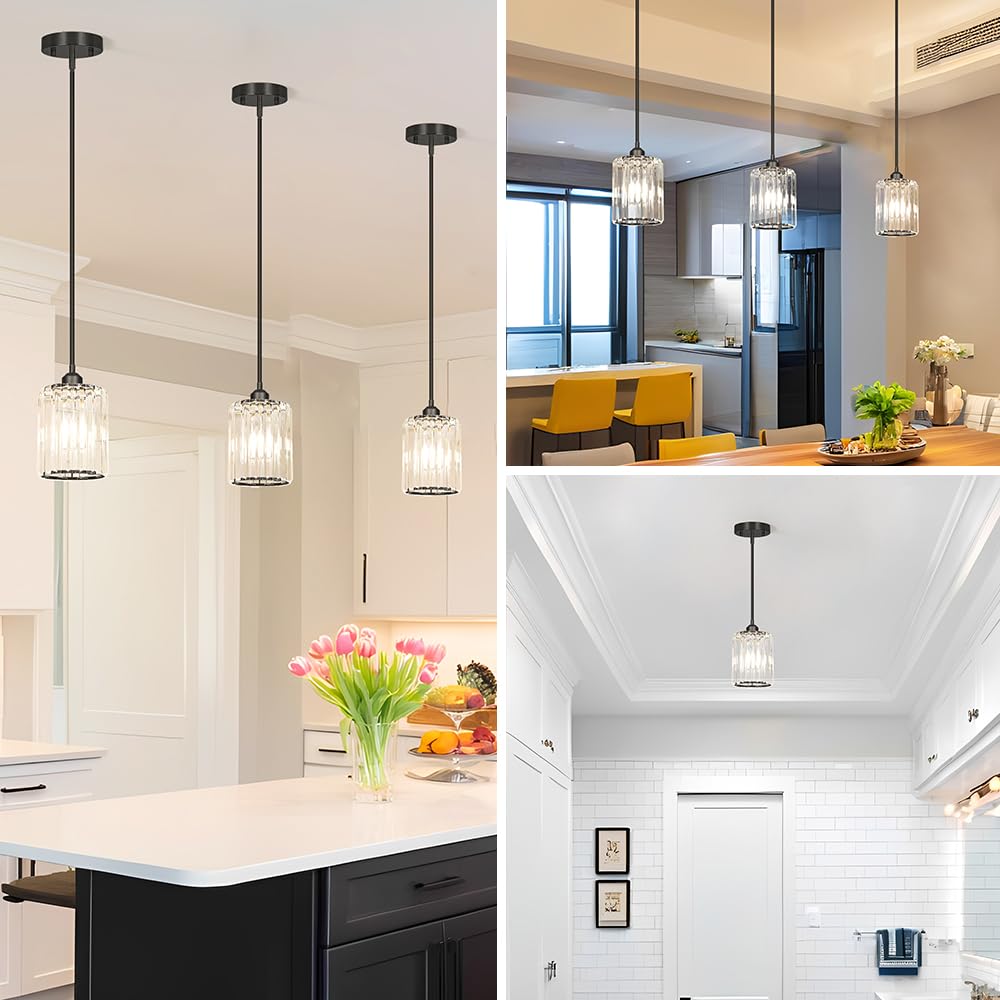 Black Kitchen Pendant Lights Over Island With Adjustable Rods - Crystal Pendant Lighting Fixtures For Sloped Ceiling  Ideal Over Dining Table Or Bar  E26 Bulb Compatible  No Electrician Needed