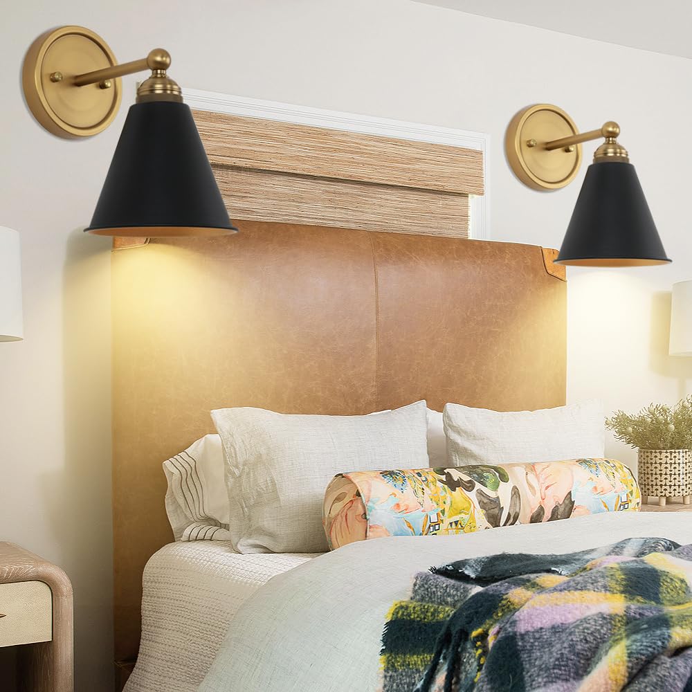 Heqiqeh Set Of 2 Modern Battery Operated Wall Sconces, Vintage Black And Gold Wall Lights Fixture With Remote Control, Dimmable