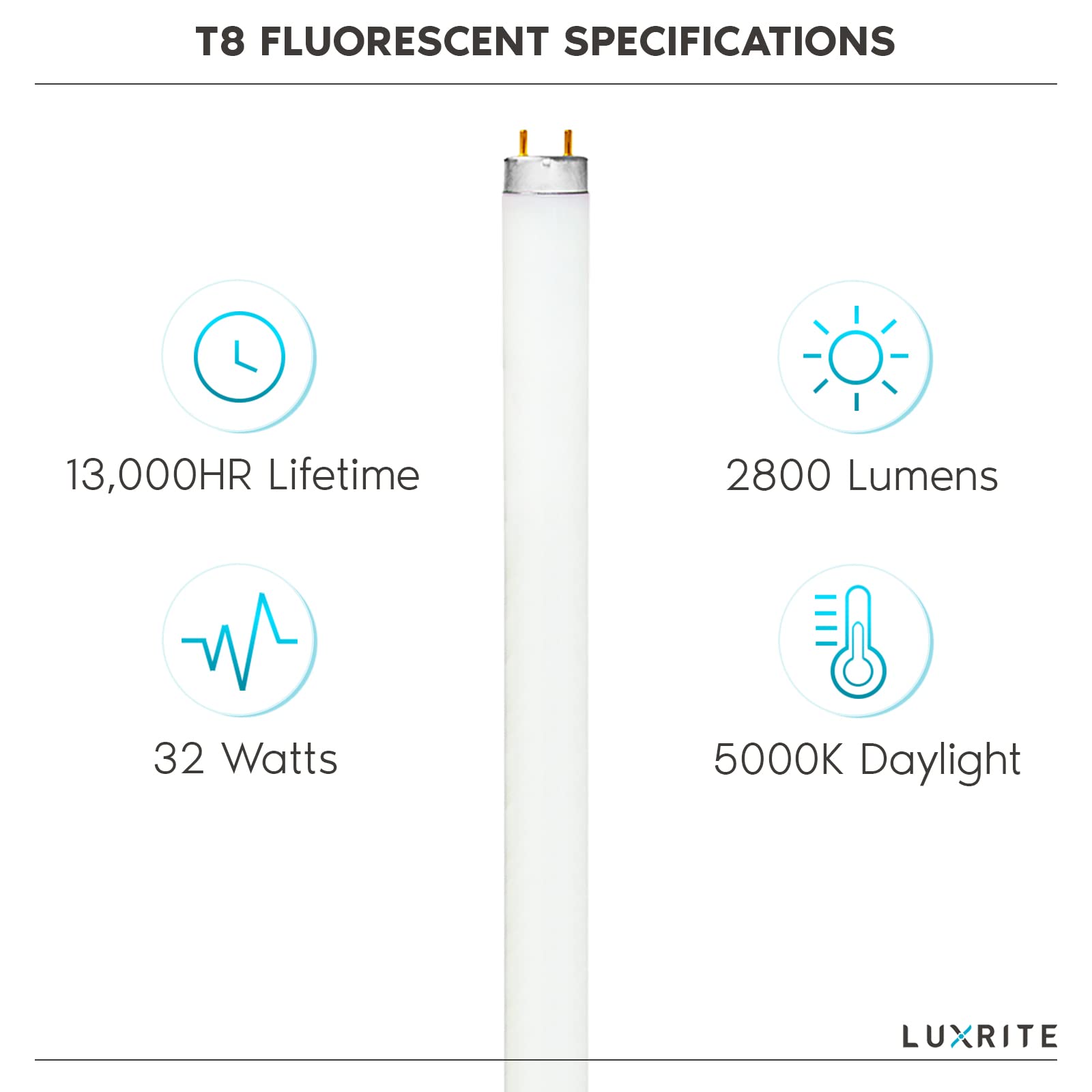 LUXRITE T8 Fluorescent Tube Light Bulb 32W 48 Inch 5000K Bright White 2800 Lumens G13 Base LR20734 4-Pack