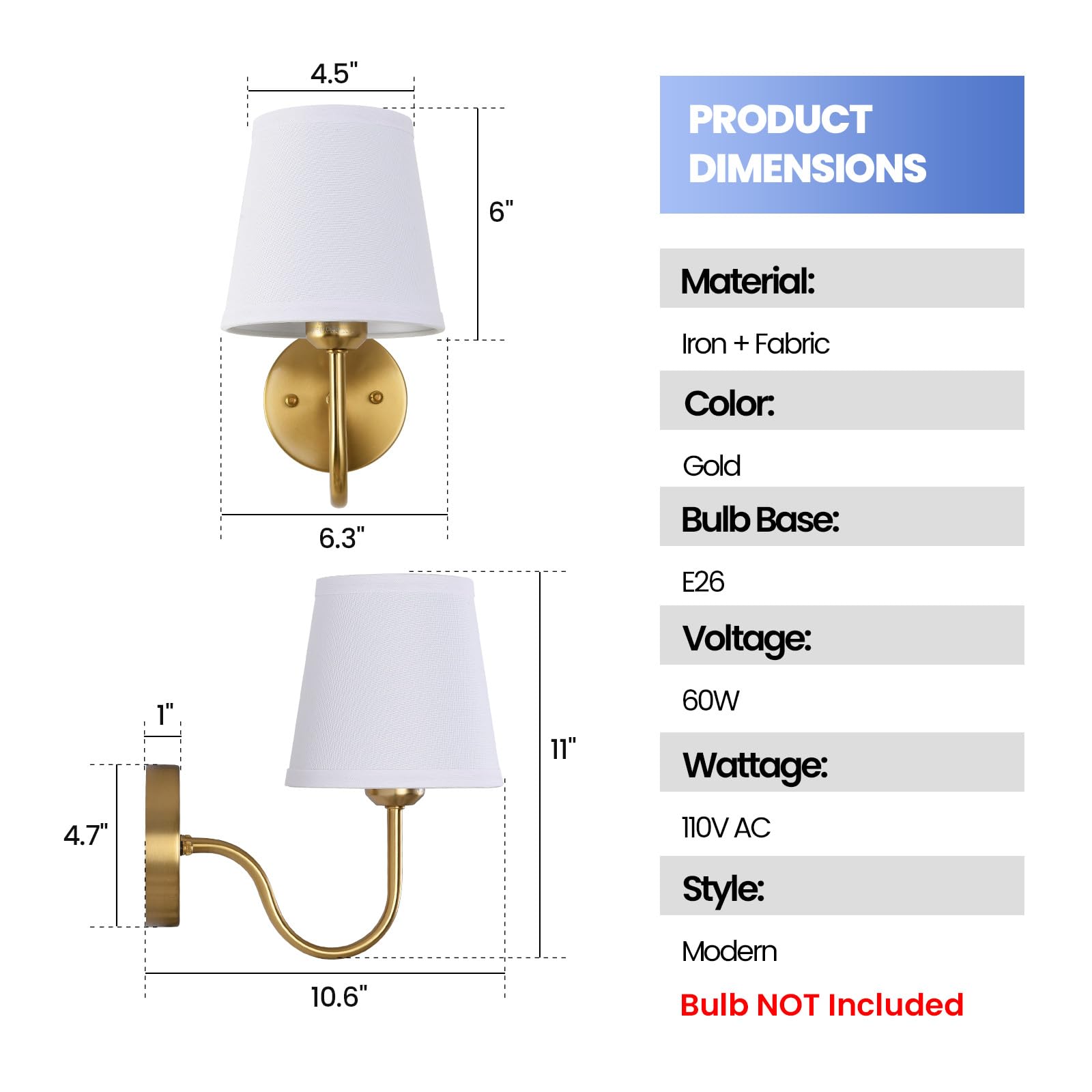 Smeike Gold Wall Sconce Set of 2 - Iron Vanity Lighting with Light Beige Shades, Model LW009-2PK for Bedroom, Living Room, Hallway