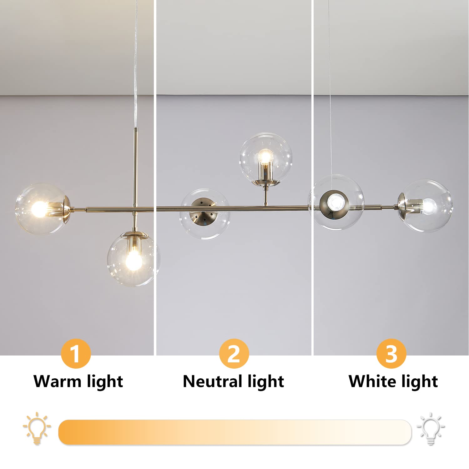 KCO Modern Ceiling Pendant Light, 6-Light Adjustable Chandelier, Mid-Century Glass Globes, Silver+Clear