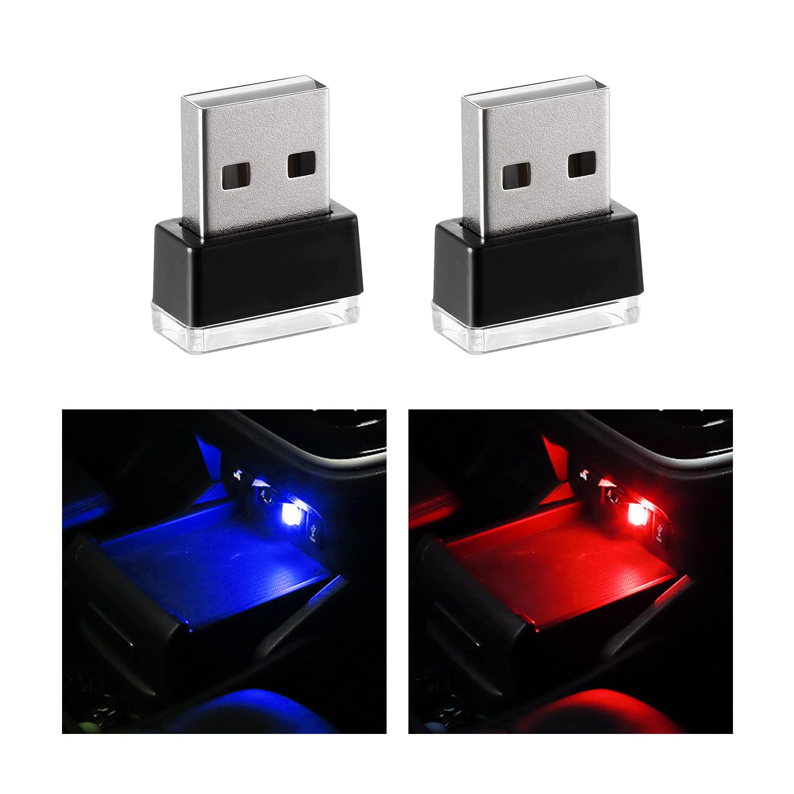 Sylvil 2 Pcs Usb Led Car Interior Atmosphere Lamp  Portable Mini Led Night Light  Plug-In Usb Interface Trunk Ambient Lighting Kit  Universal Interior Car Accessories (Red+Blue)