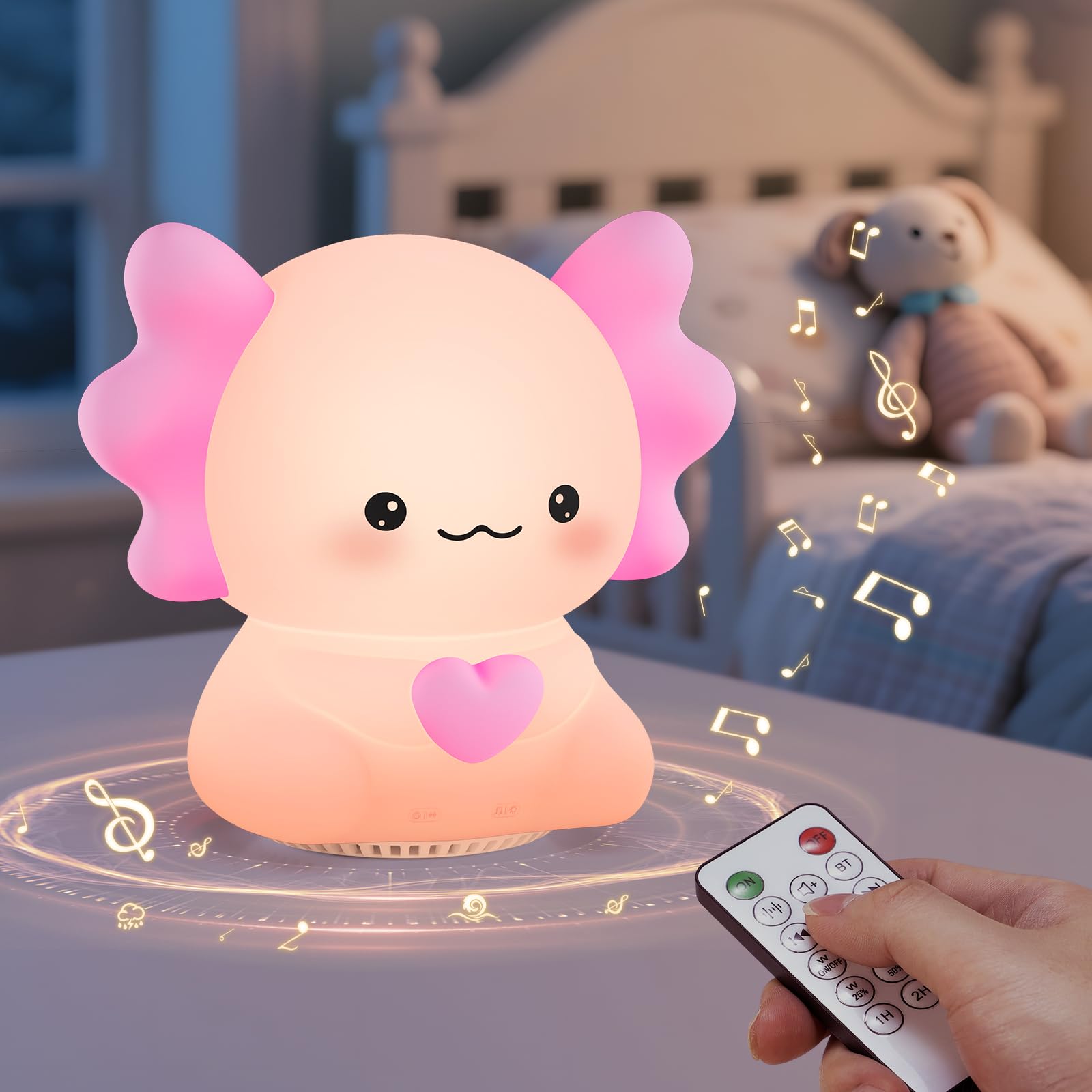 ICARER FAMILY Axolotl Night Light with Sound Machine, Pink Silicone Touch Lamp, Wireless Speaker, Remote Control White Noise for