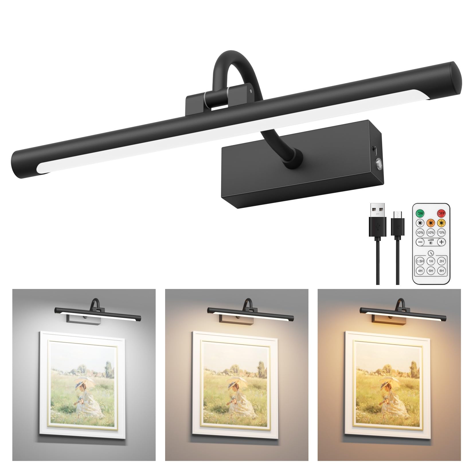 Aipsun 15.7 Black Picture Lights for Wall Rechargeable,10000mAh Battery Operated Art Light for Paintings,3CCT Dimmable, Rotatabl
