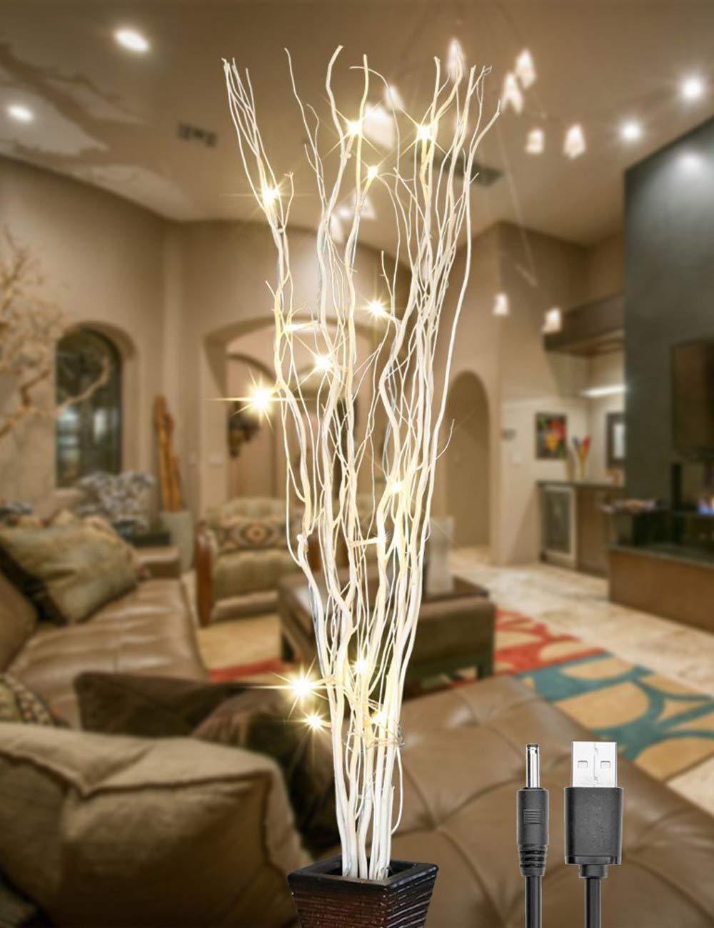 LIGHTSHARE 36-Inch 16LED Natural Willow Twig Lighted Branch, USB & Battery Powered, White Branch, Model YLT16W