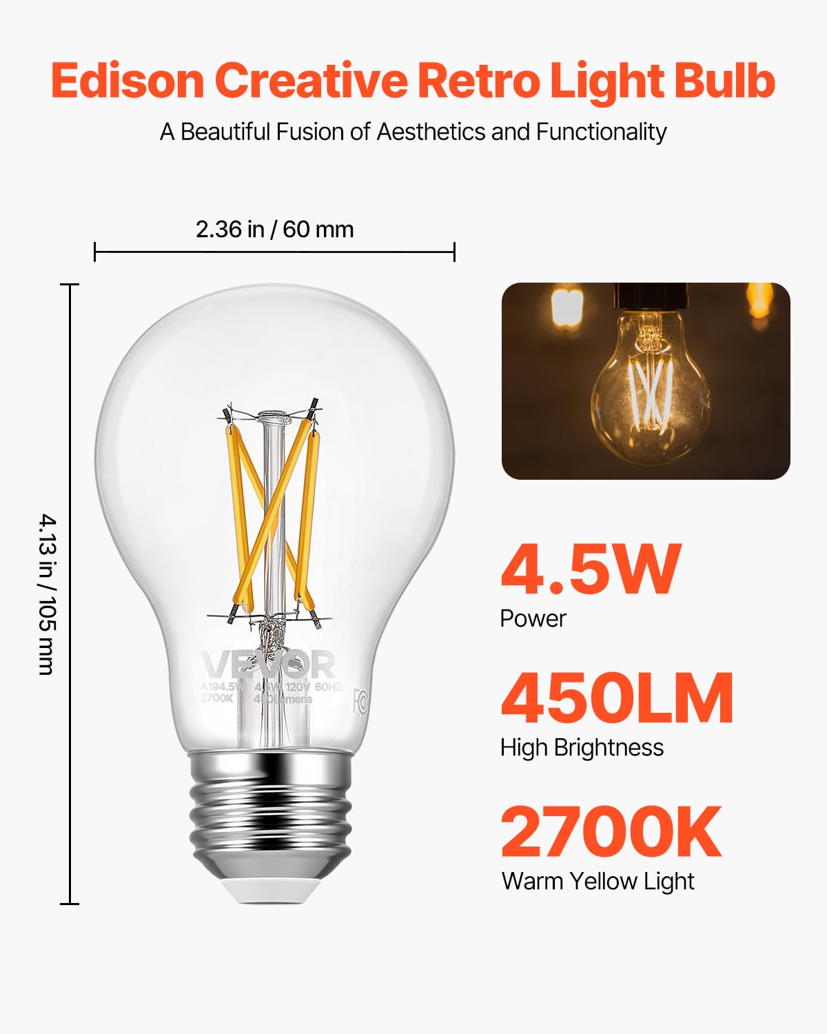 VEVOR 6 Pack Edison Bulbs LED, A19 Vintage Edison Light Bulbs, 4.5W Dimmable 450 Lumens, 2700K Warm White, E26 Base LED Filament