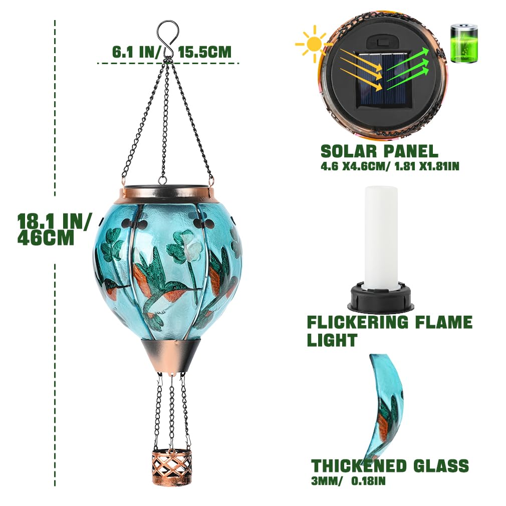 Hot Air Balloon Solar Lantern - Hummingbird Glass Lantern  Simulated Flickering & Dancing Flame  Outdoor Hanging Shamrock Yard Light Waterproof Ip65 For Patio Lawn Porch Decor Irish Gift