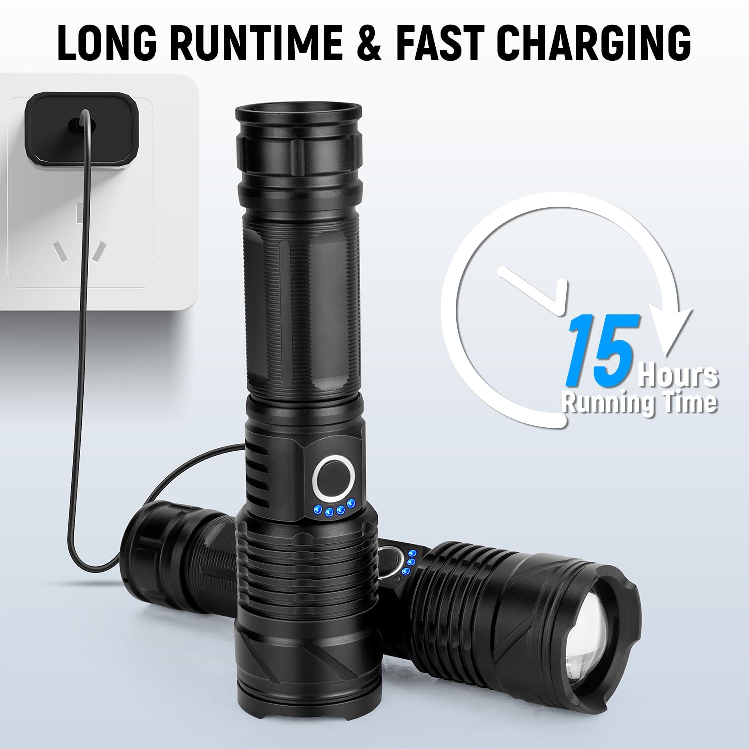 taoquwe Rechargeable LED Flashlight, 990,000 Lumens, Waterproof, Aluminum, Black, Model T220-1
