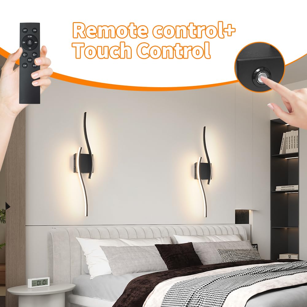 Daunton Modern Battery Operated Wall Sconce Set of 2, Black LED Light, Dimmable, 27.5in, Remote Control, Timer & Memory Function