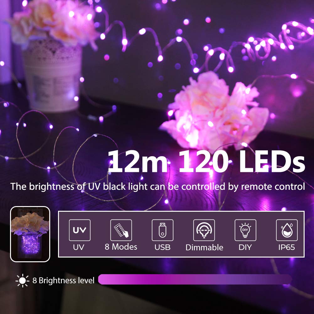Omika 40Ft Led Uv Black Light String Lights, 120 Units 2835 Beads, Remote Control, Purple, Model Bg-Uv-001, Perfect For Parties And Decor