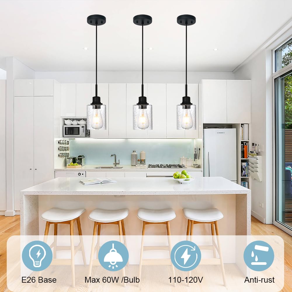Pendrion Modern Farmhouse Mini Chandeliers 3 Pack Black Pendant Lights Kitchen Island With Seeded Glass, Dining Room Lighting Fi