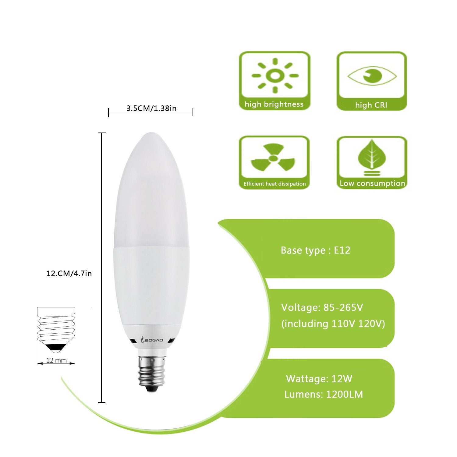 Bogao LED Candelabra Bulb 12W 6000K, 1200 Lumens, E12 Base, Torpedo Shape, 4 Pack, White