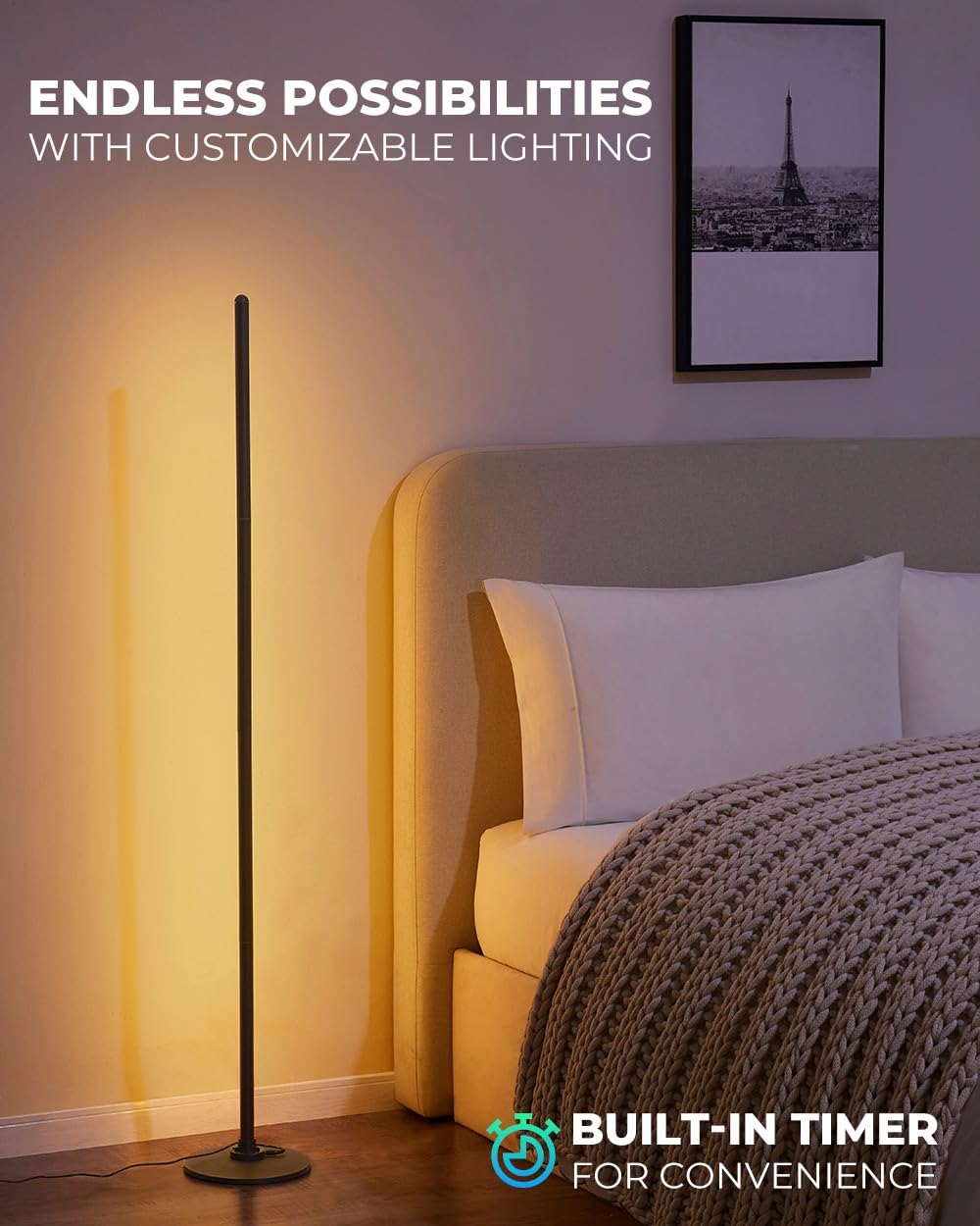 MYZI LED Floor Lamp, RGB Smart Corner Lamp, Dimmable with Remote & App Control, Black, Model MZ-LED-FBA
