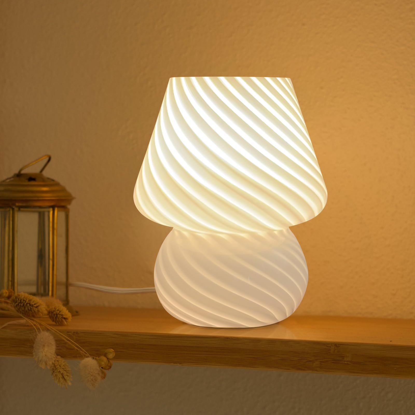 ONEWISH Mushroom Lamp-Small Bedside Table Lamp with Striped Glass, Nightstand Lamp for Bedroom, Living Room, 3000K E26 Bulb Incl
