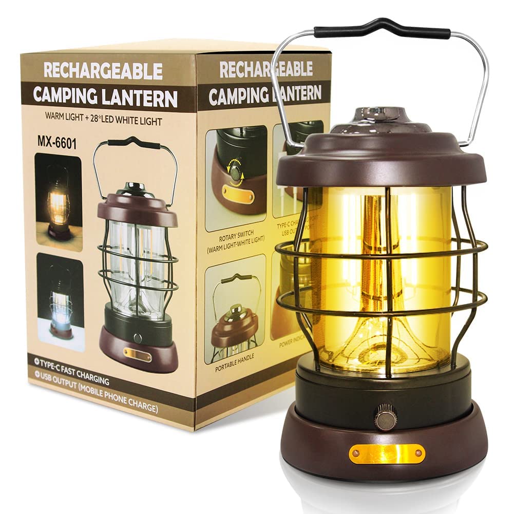 UniqueFire Retro Camping Lantern 1500LM Rechargeable 2 Modes Dimmable 4x8in Brown ABS Model