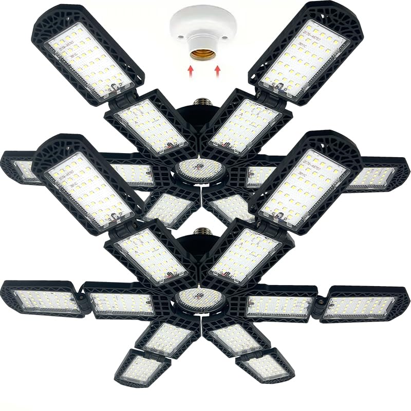 PINSAI 2 Packs LED Garage Light,Super Bright Screw in E26/E27 Ceiling Shop Work Lamp, 280W 30000 Lumen Deformable Basement Bulb 