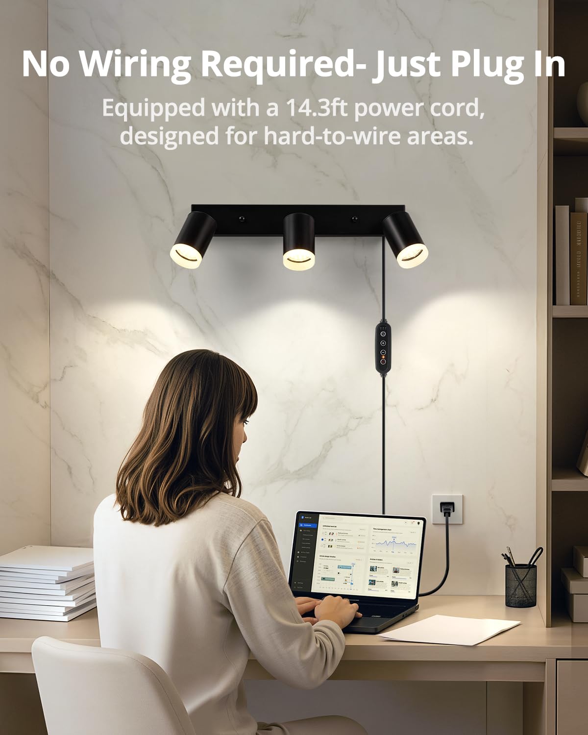 Bojim Plug in Track Lighting with 14.3ft Power Cord, 3 Lights Black Wall Mount Spotlight Fixture, Dimmable Ceiling Lighting for