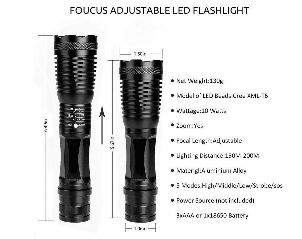 NAVIGATOR 1174 Portable LED Flashlight, Ultra Bright, Adjustable Focus, 5 Light Modes, Water Resistant, Aluminum, White