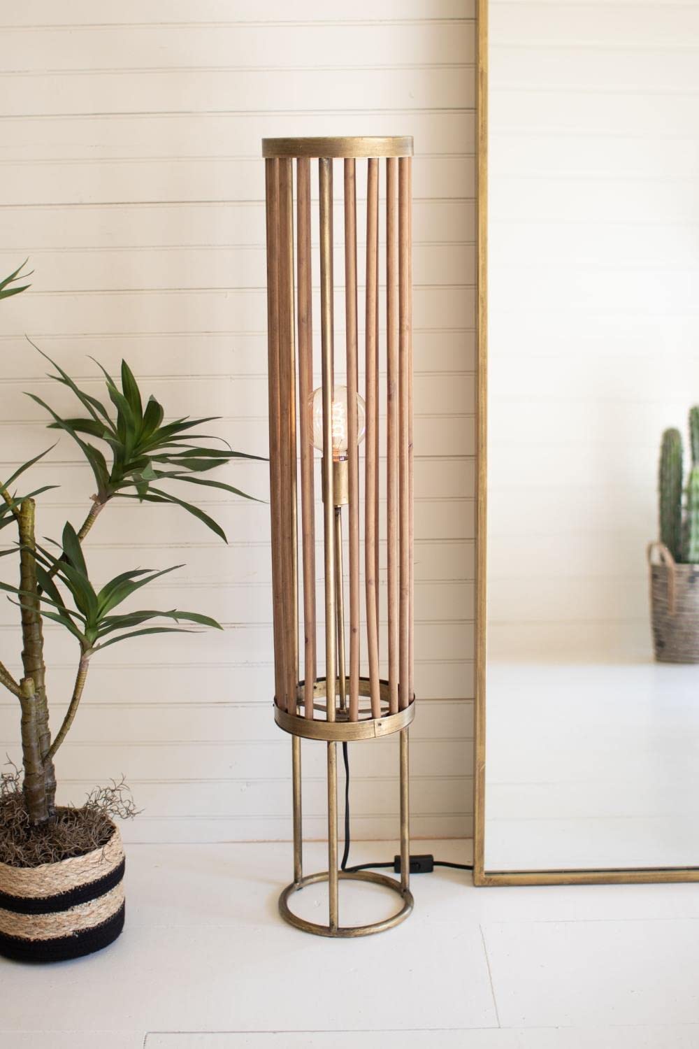 ROUND BRASS AND WOOD CYLINDER TABLE LAMP
