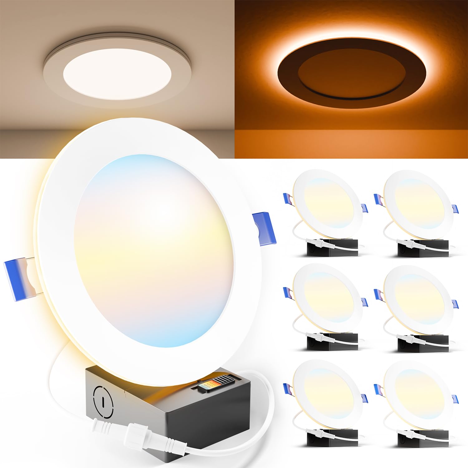 Sunco 6 Pack 6 Inch Ultra Thin Led Recessed Ceiling Lights With Night Light, 1500 Lm, Selectable Cct 2700K/3000K/4000K/5000K/6000K, Dimmable, 15W, Canless With Junction Box