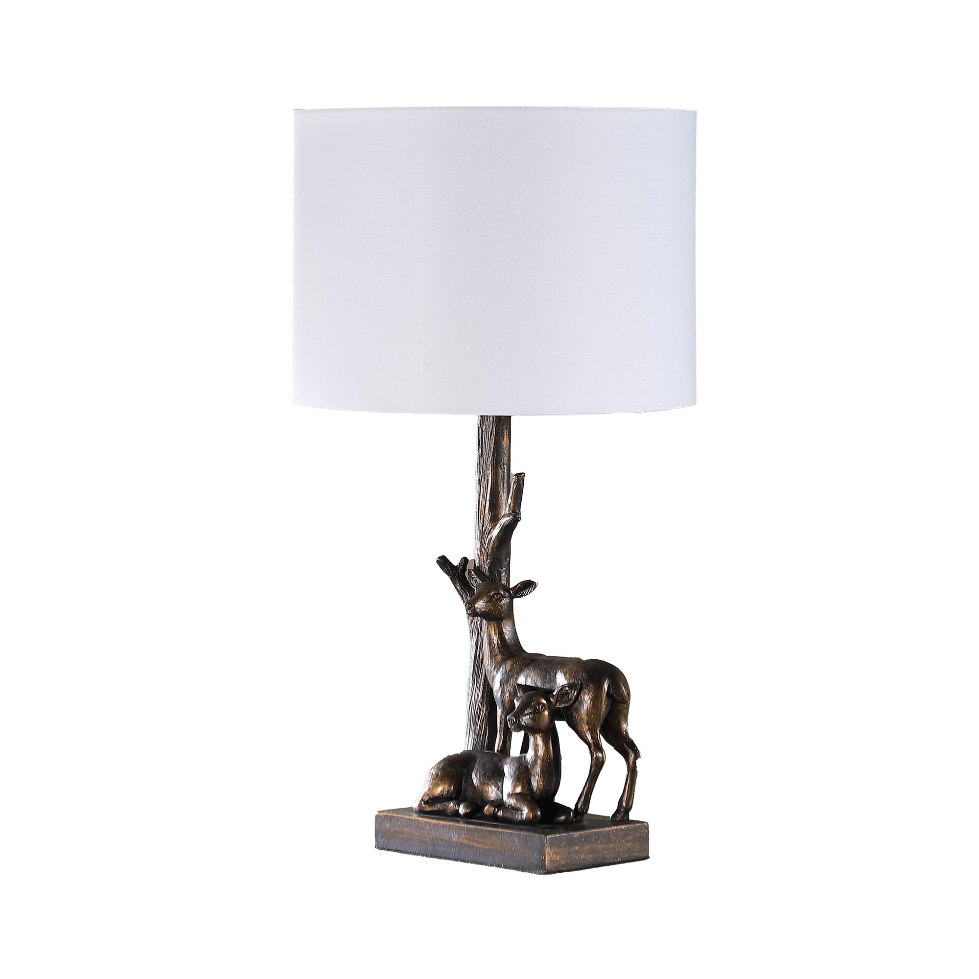 Benjara 20 Inch Accent Table Lamp, Dual Roe Deer Design, Drum Shade, Bronze and White