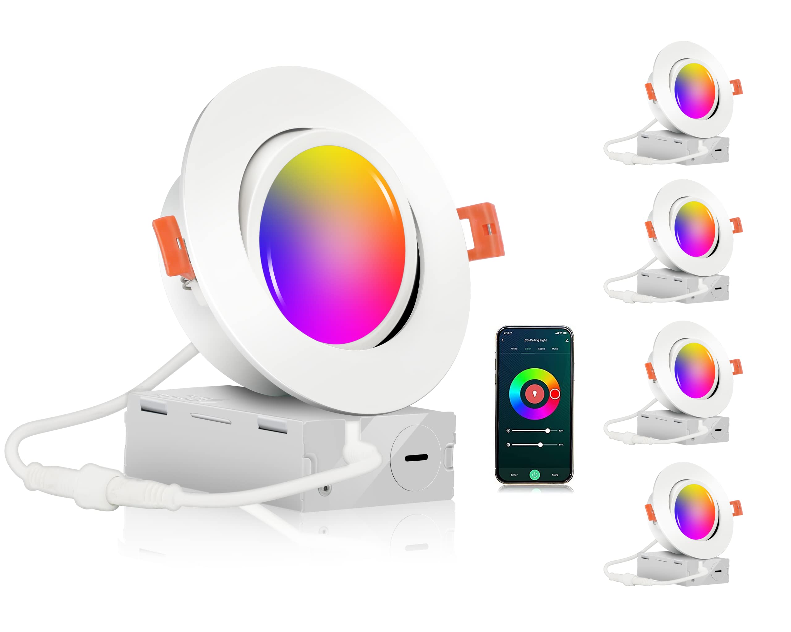 CLOUDY BAY 4" Gimbal Smart WiFi LED Recessed Lights, RGBCW, Aluminum, IC Rated, Compatible with Alexa & Google Home, Pack of 4