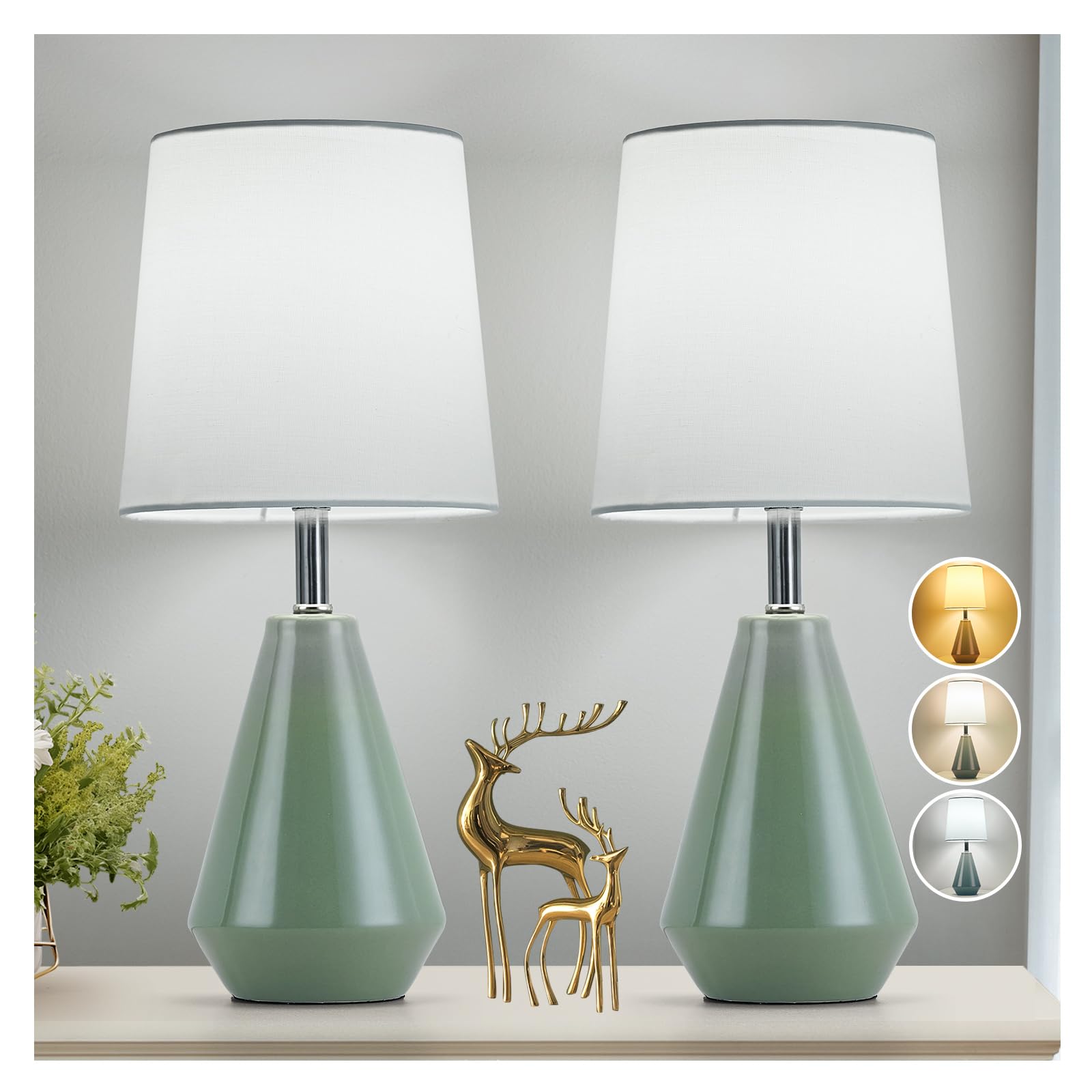 Small Bedside Table Lamp for Bedroom-Reading Desk Lamp Set of 2 with 3 Color Temperatures 15.5 Nightstand Ceramic Lamp with Fabric Shade for Kids Room Living Room Dorm Home Office (Green+White )