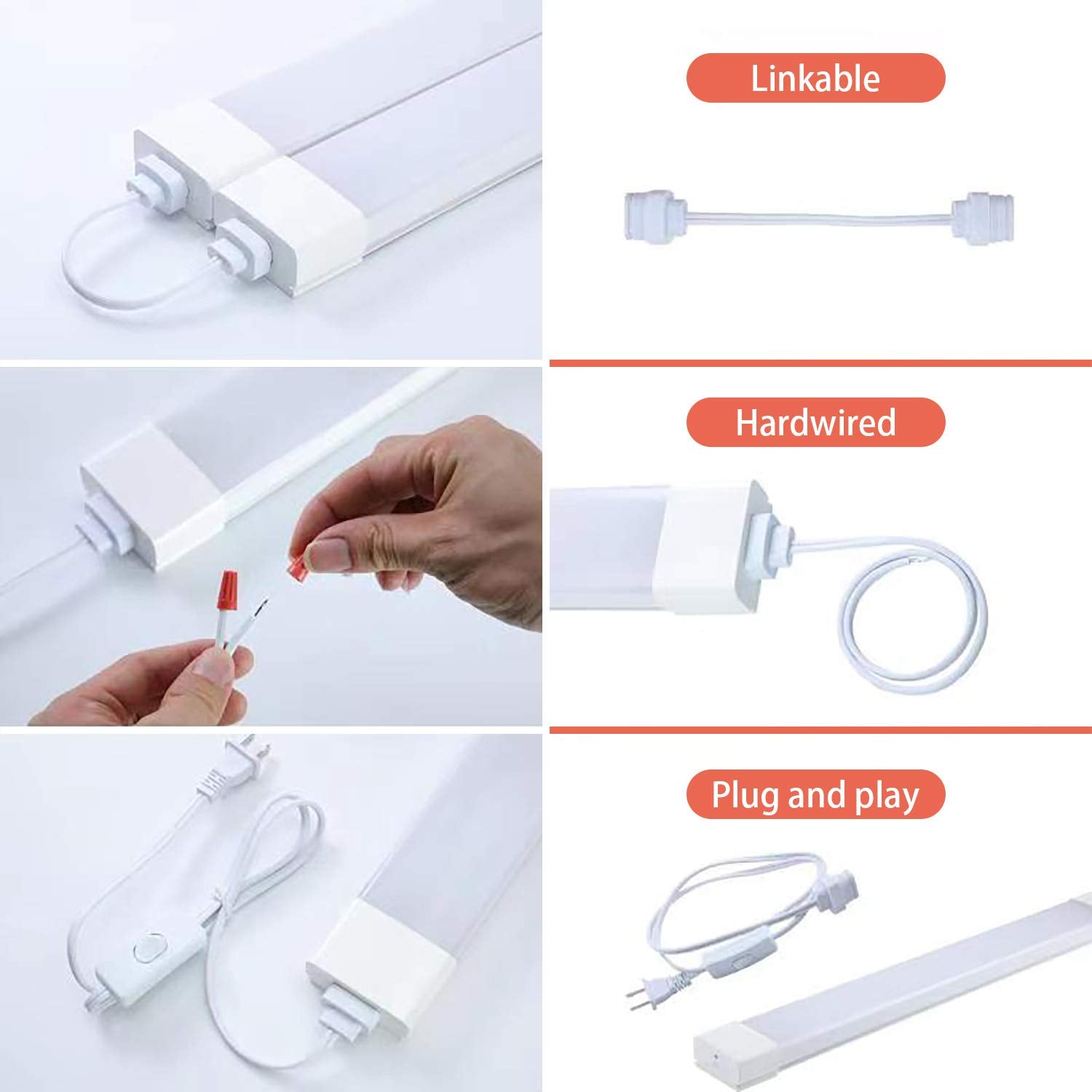 Plug And Play Linkable Waterproof Led Tube Light, 4Ft 36W 5000K With Switch Cord Easy Installed On Ceiling Or Wall Without Wirin