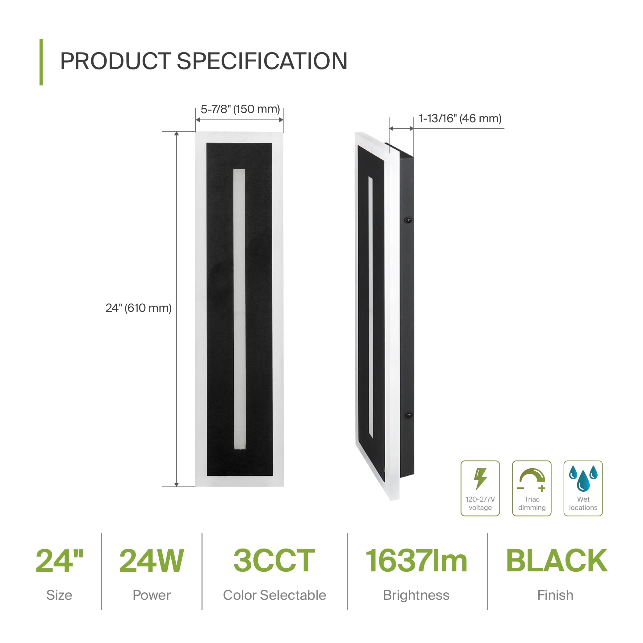 ASD LED Wall Light Fixture | 24W 1630LM | 3CCT Dimmable | 24 Inch | Black | Model A-LWS27C-24D24BK