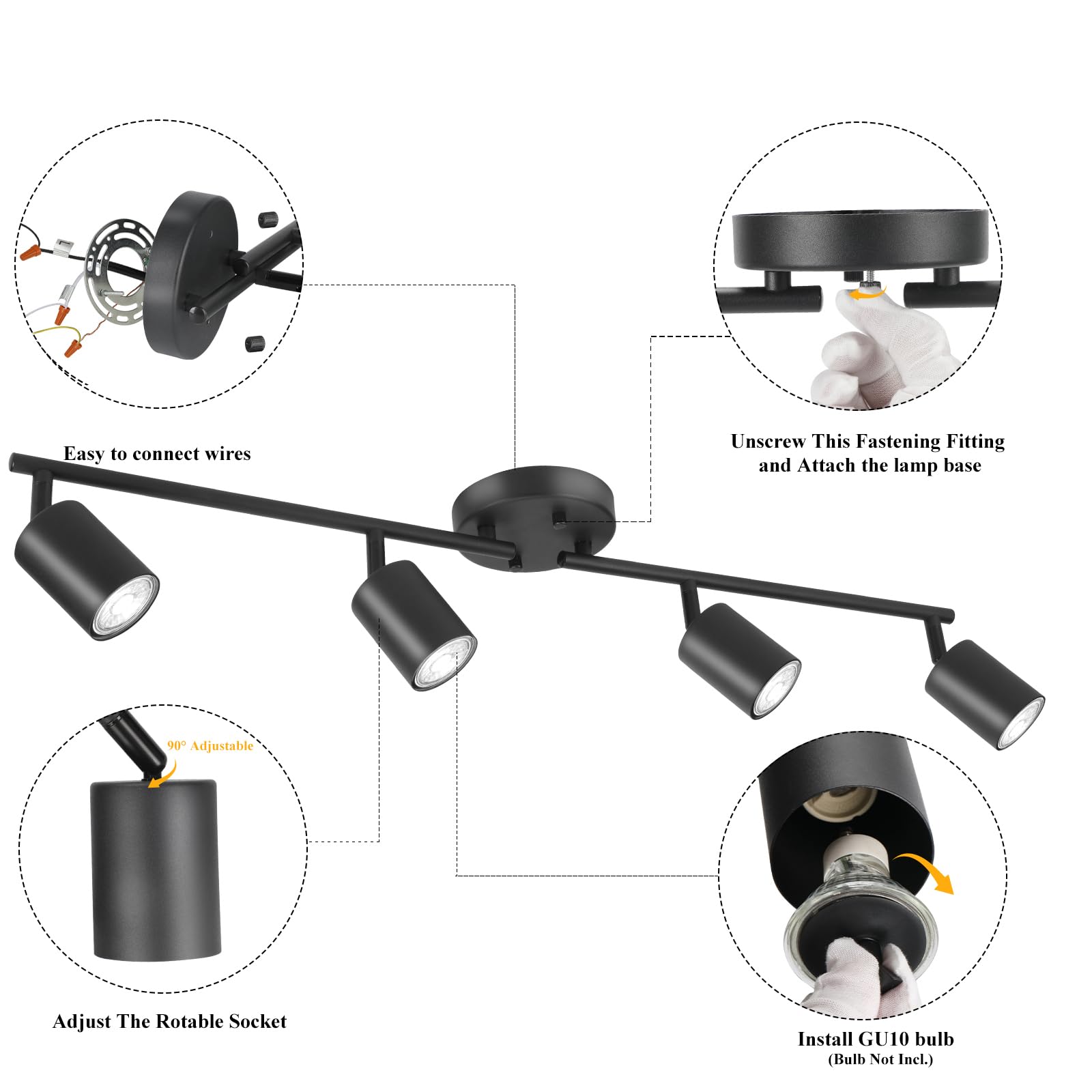 Boostarea Led 4 Light Track Lighting Kit, Black 4 Way Ceiling Spot Lighting, Flexibly Rotatable Light Head For Kitchen, Living R