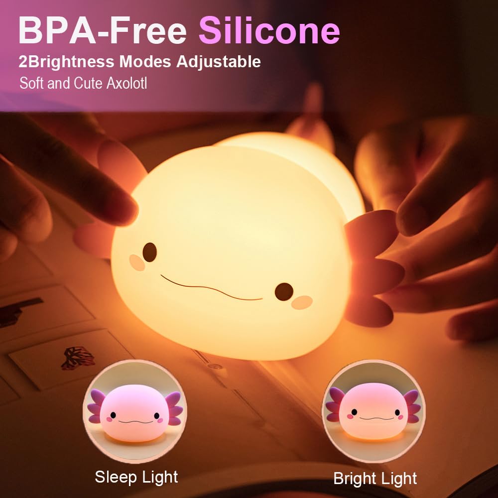 Pink Axolotl Night Light For Kids Bedroom, Animal Silicone Nursery Night Lamp Touch Dinosaurs Nightlights Usb Rechargeable Bedsi
