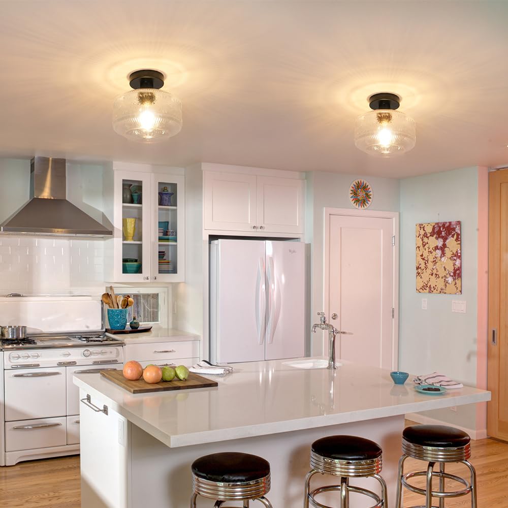 Dsmjfu Semi Flush Mount Ceiling Light, Vintage Small Ceiling Light Fixture, Thickened Glass Hallway Light Fixture, Black Kitchen Ceiling Mount Light For Entry Way, Bedroom, Bathroom, Porch