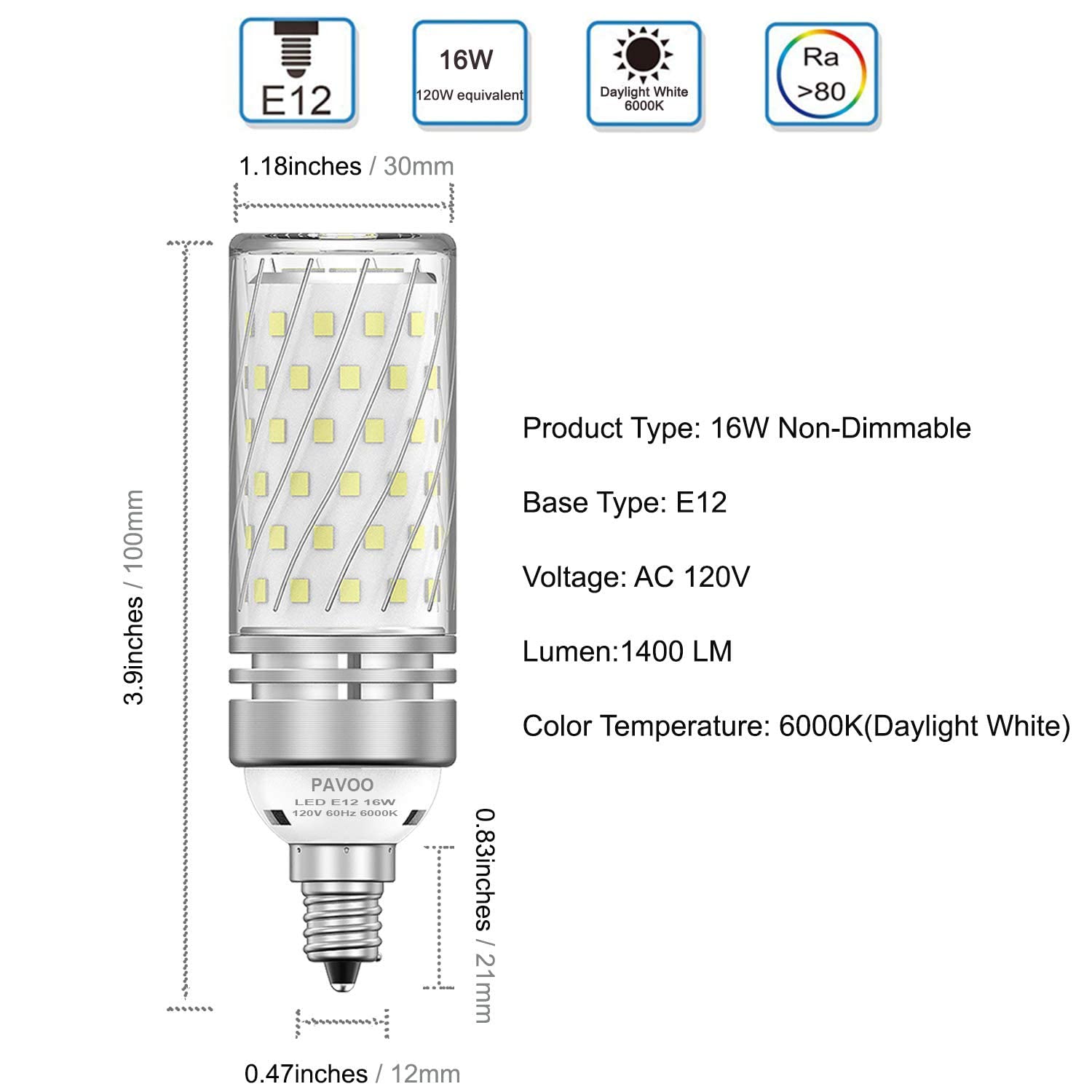 PAVOO E12 LED Candelabra Bulbs, 16W, 1400LM, 6000K Daylight White, Pack of 4