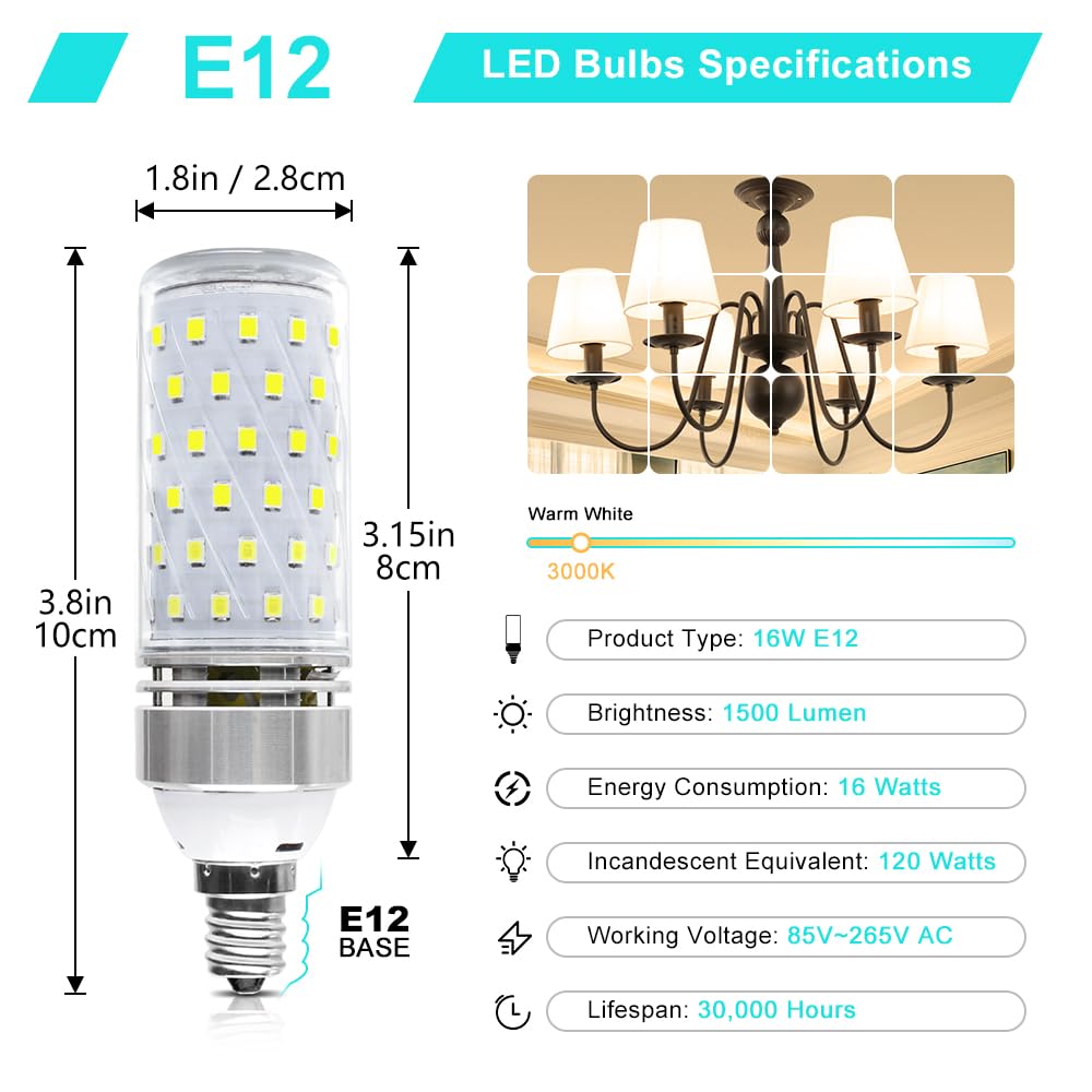 LEDLightsWorld Super Bright E12 LED Corn Bulbs 16W 1500LM 2800K Warm White Pack of 8 Non-Dimmable Aluminum