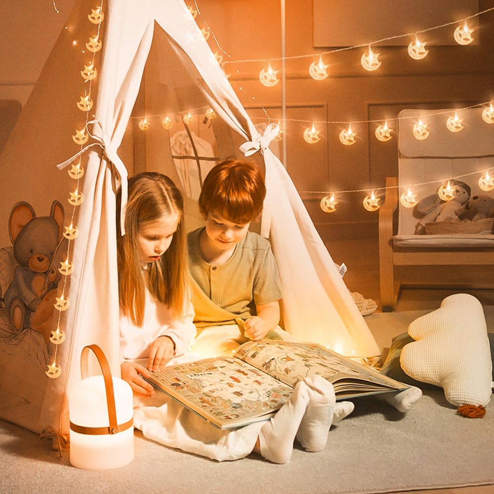 AceList 40 LED Moon & Stars String Lights, Battery/USB Powered, 20ft, Plastic, Holiday Decor for Ramadan, Eid, Valentines Day
