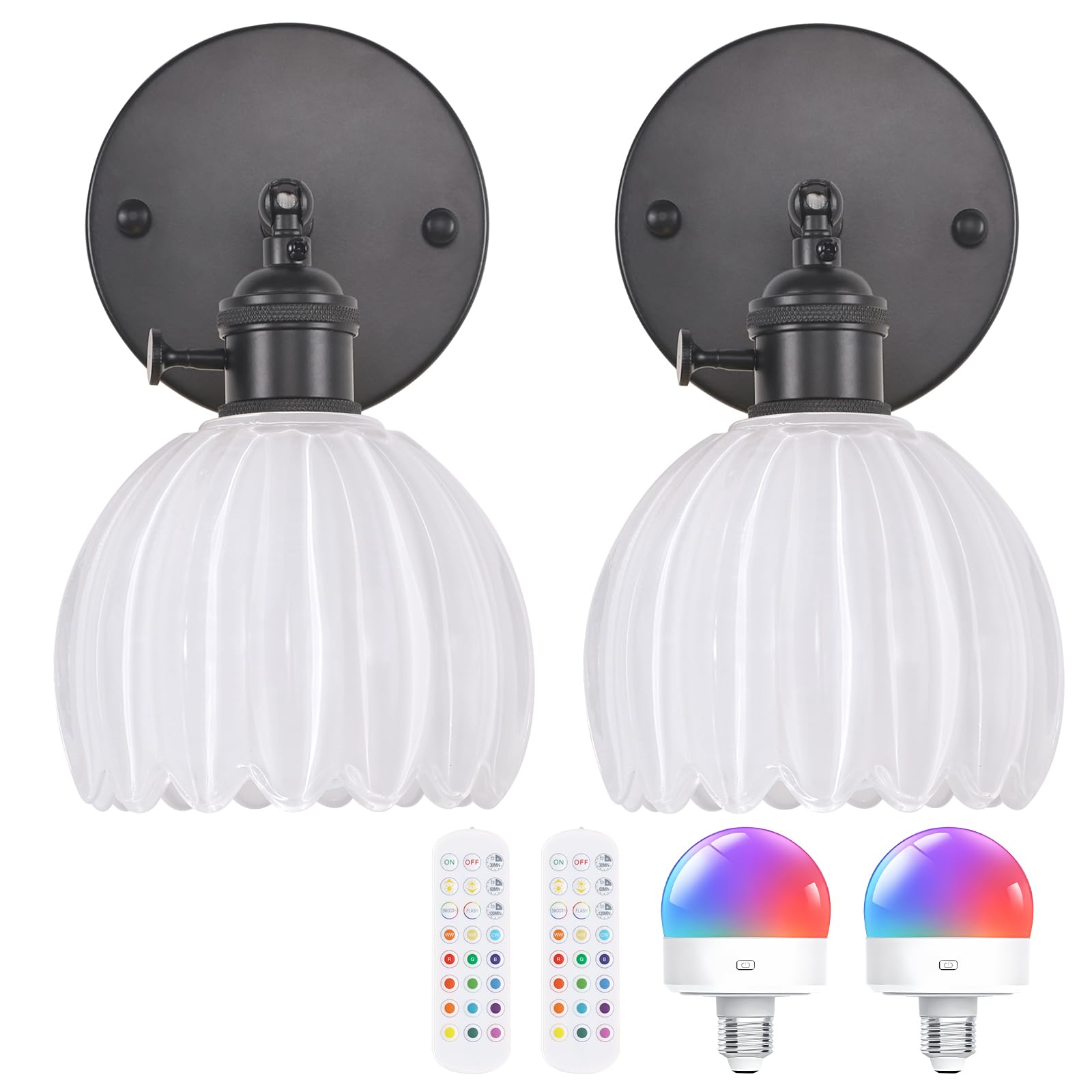 Shenmoyl Vintage Battery Operated Wall Sconce with White Tulip Glass Lampshade Rechargeable Battery Powered Black Wall Light with Remote Control for Bedside Bedroom Doorway  Set of 2