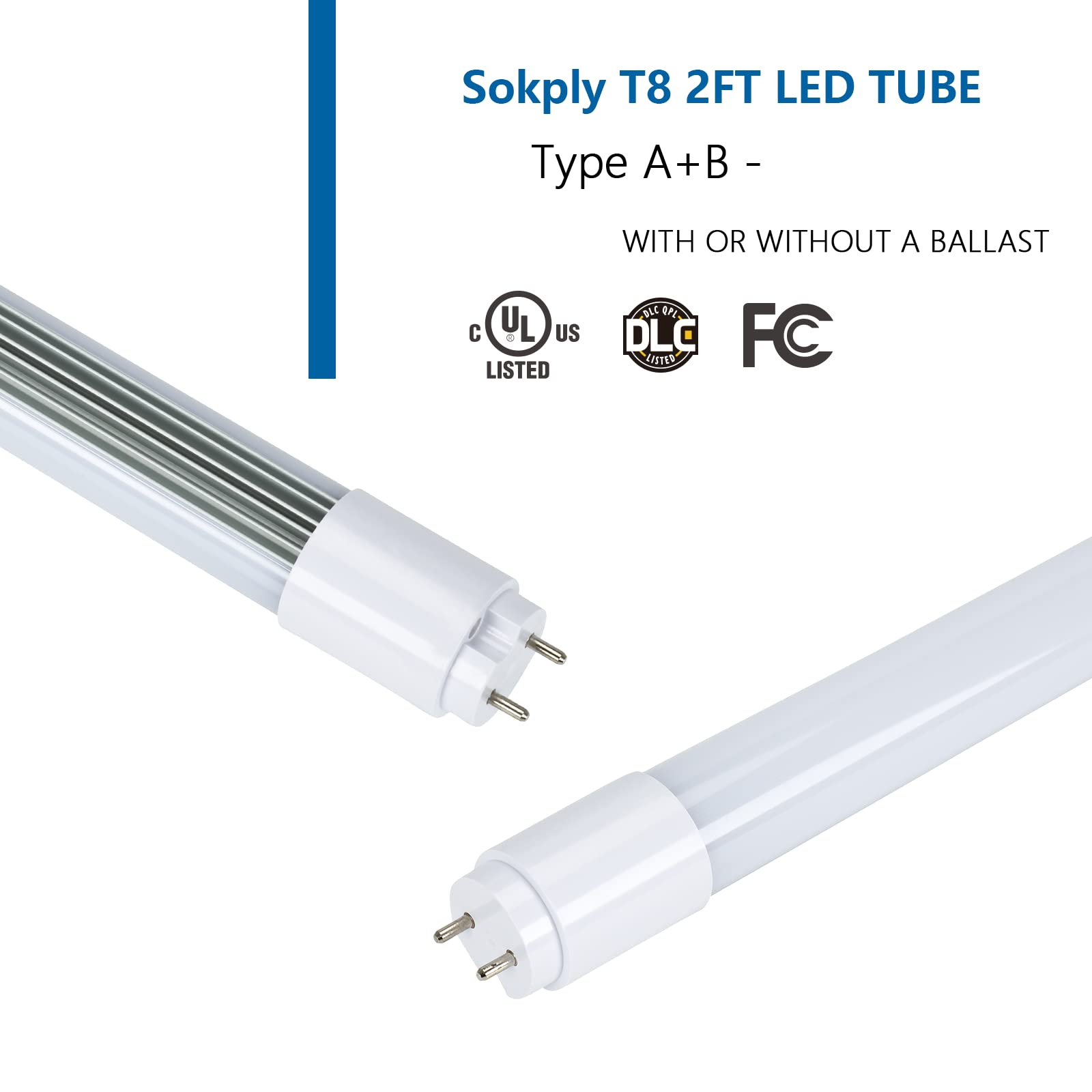 Sokply T8 Led Tube Light 2Ft Hybrid Type A+B 15W 1875Lm 24Inch Light Led Bulb, 5000K Daylight Fluorescent Replacement(15W=26W),