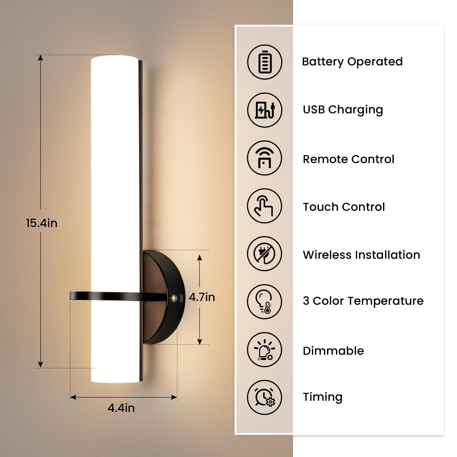 AIJIASI Black Battery Operated Wall Sconces - 15in Rechargeable LED Lights, Dimmable 3000K-6000K, Set of 2, Remote Control,