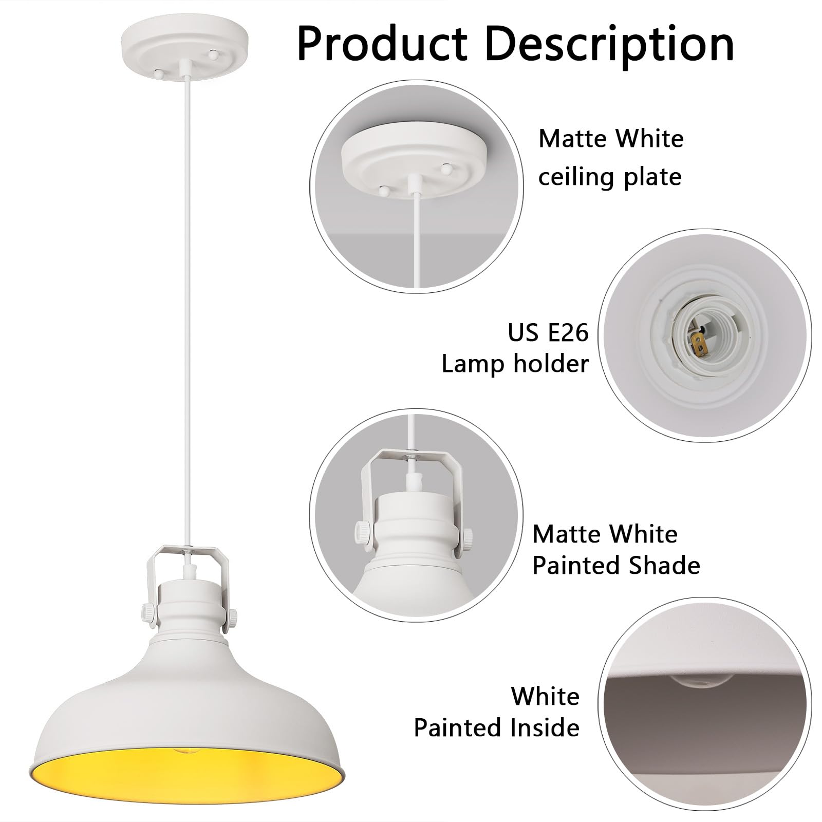 Alaislyc White Farmhouse Pendant Lights Matte Pendant Lighting For Kitchen Island Industrial Adjustable Height Vintage Dome Hanging Light Fixtures For Barn  Dining Room 3 Packs
