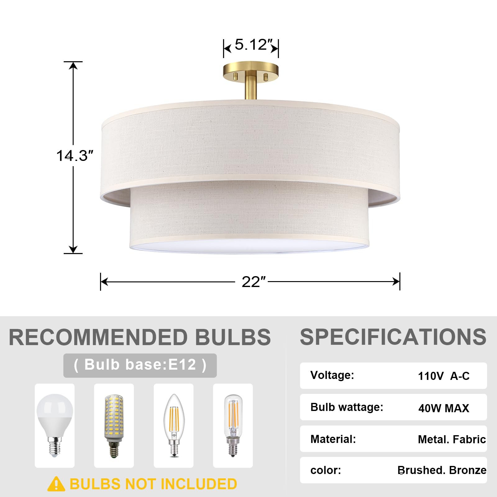 Dolaimi House 5 Light Semi Flush Mount,Close To Ceiling Light Fixture,Linen Fabric Shade Brushed Bronze Finish 22 Inch Semi Flus