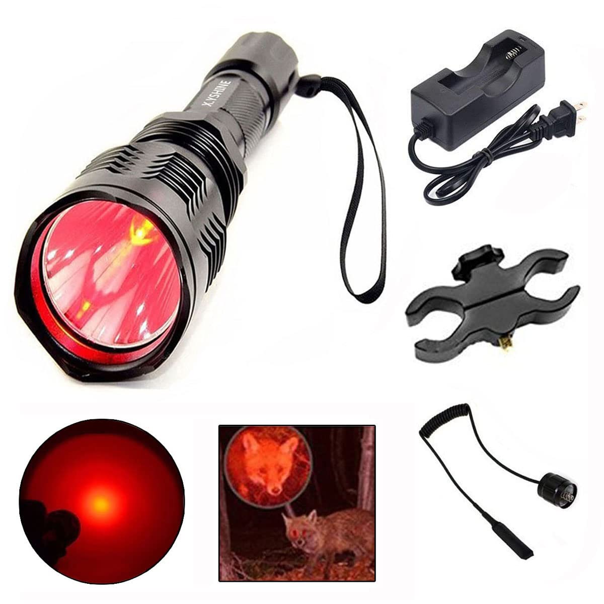 LED Hunting Flashlight, HS-802 250 Yards Cree Coyote Hog Red Light Flashlight with Remote Tactical & Pressure Switch+ Barrel Mou