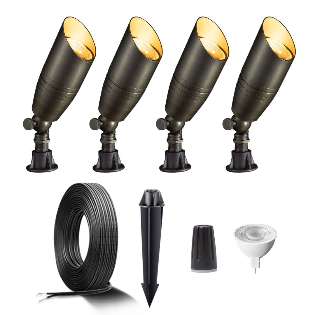 Gardenreet Brass Landscape Lighting Kit (4 Pack Spotlights) With 100 Feet Cable And 20Pack Wire Connectors For Outdoor House Garden Patio Without Low Voltage Transformer