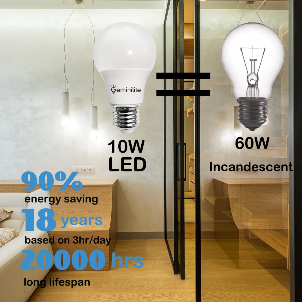 Geminilite A19 LED Light Bulbs, 60W Equivalent, 10W 1000 Lumen, Daylight White, Pack of 6, Energy Efficient Non-Dimmable